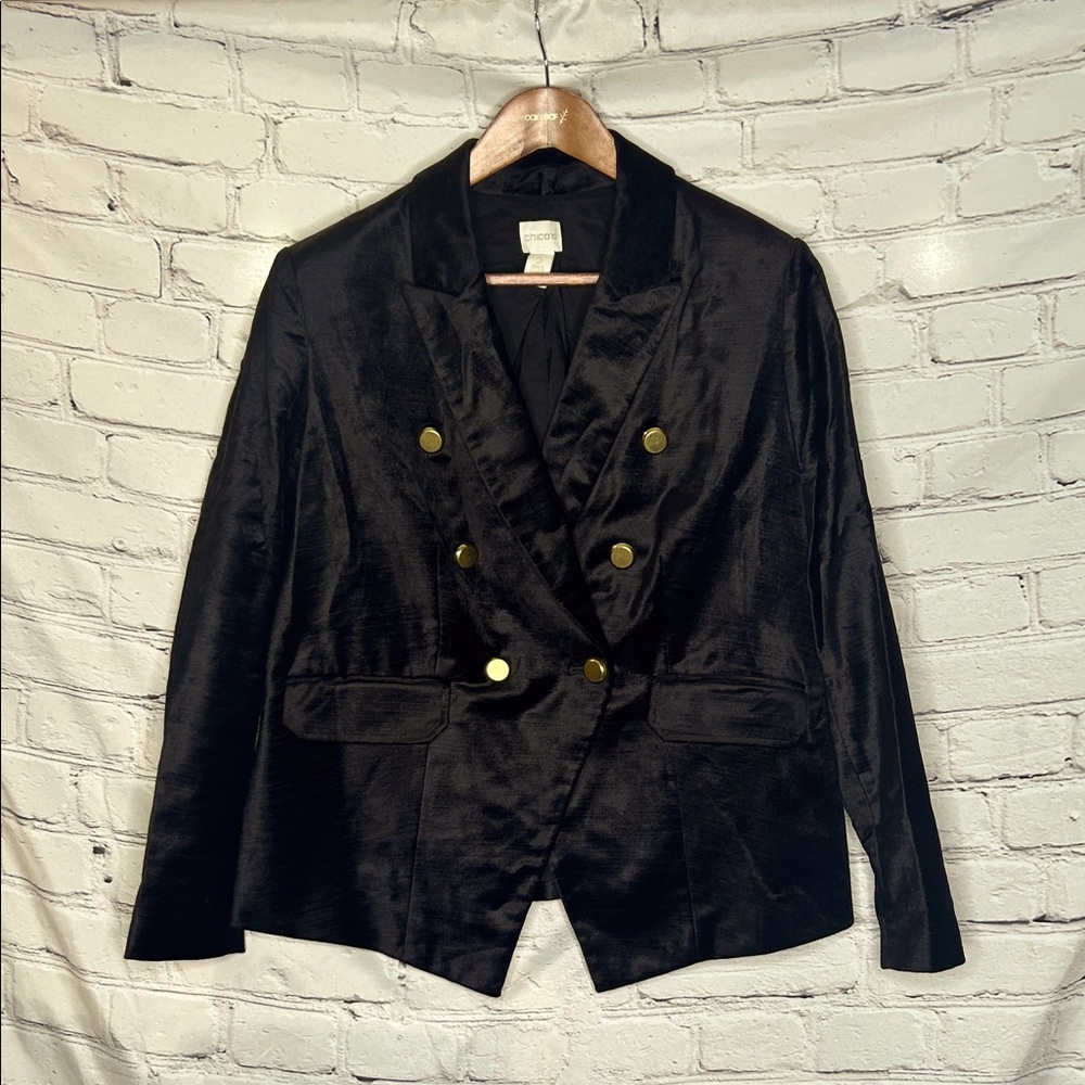 Chico’s Black Velvet Gold Button Jacket Blazer Size 12 Excellent Condition